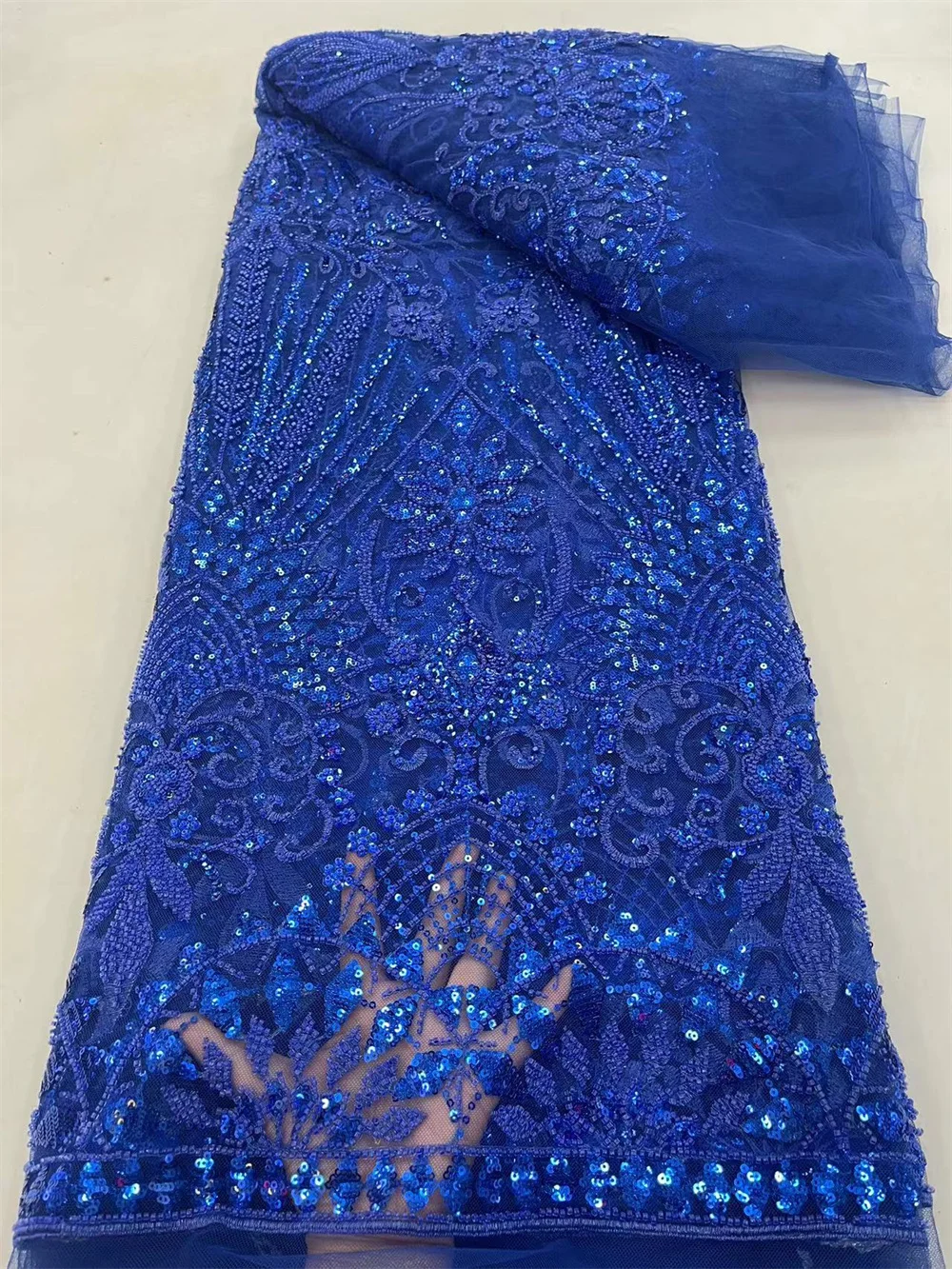 

Latest Royal Blue Africa Lace Fabric Embroidery French Mesh Lace Fabric Beaded /Sequins Groom Nigerian Tulle Lace Dresses A218-1