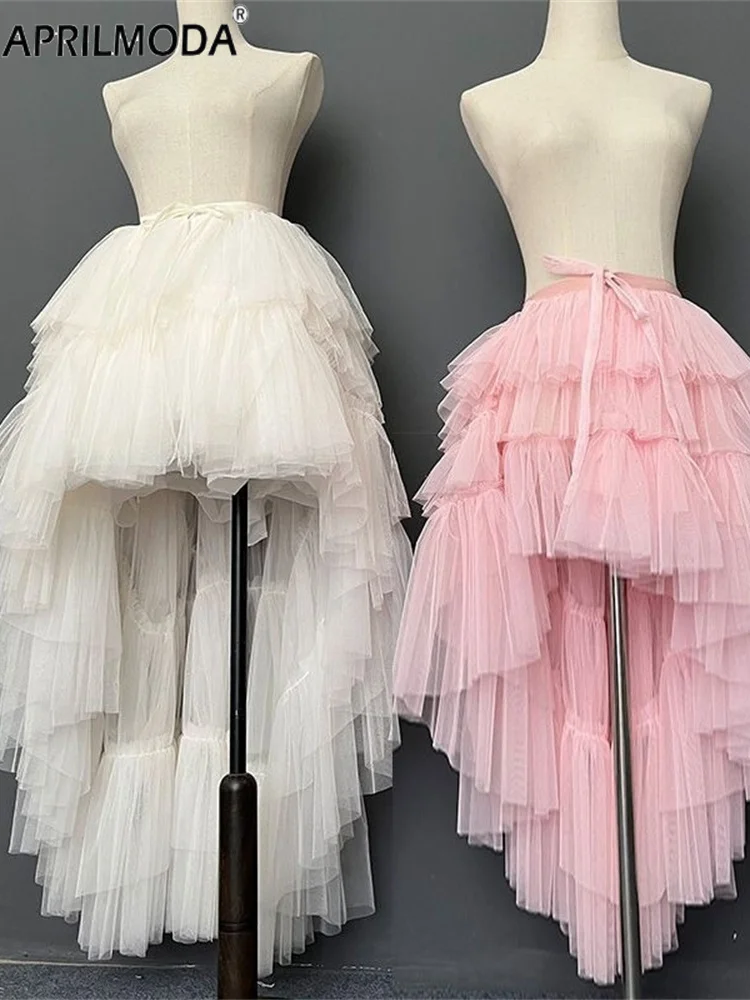 Femmes à plusieurs niveaux Lolita avant court dos longue princesse Tutu jupe haut bas gonflé Maxi asymétrique maille robe de bal événement jsk jupes