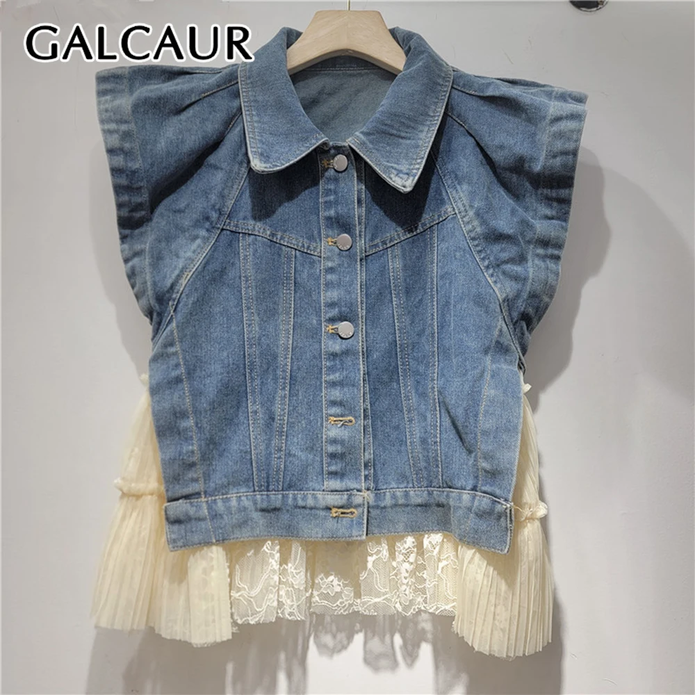 GALCAUR Colorblock Slimming Spliced Folds Jackets for Women Lapel Sleeveless Patchwork Single Buttons Coat Female Fashion New