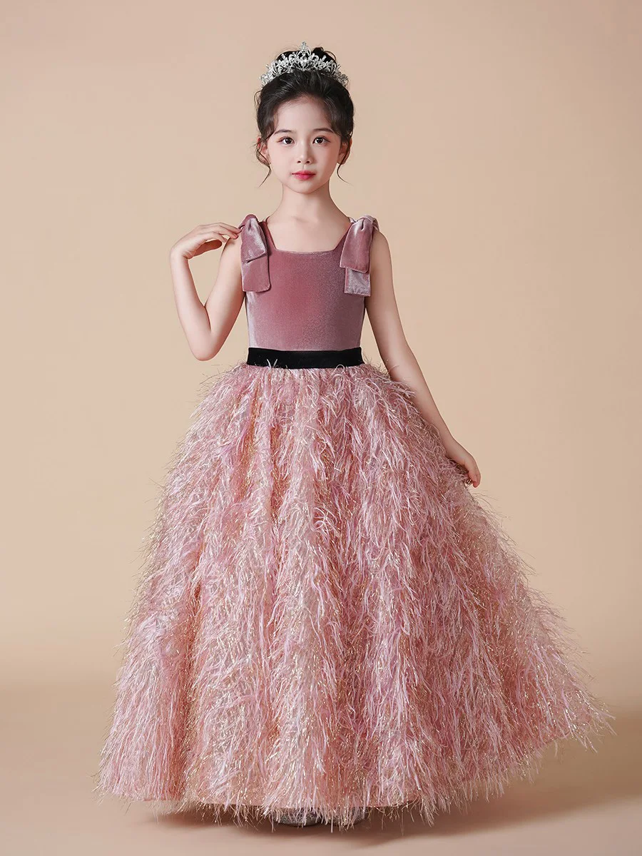 Flower girl dress pink girl dress birthday party dinner dress bridesmaid dress floor length