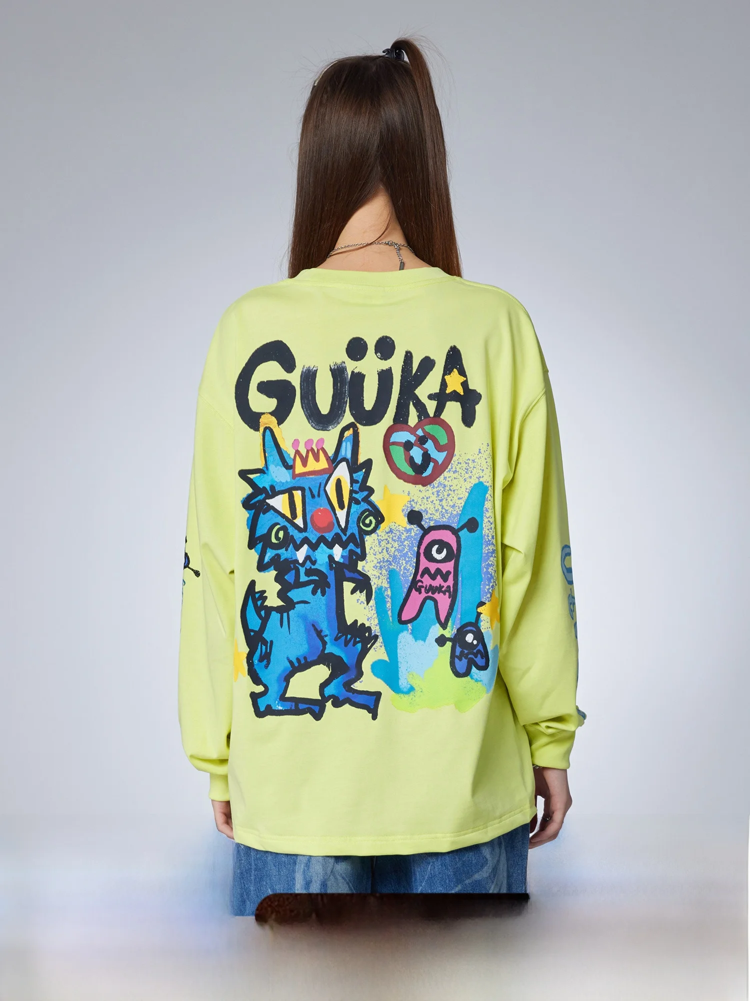 Guuka Fluorescent Yellow Heavyweight Long Sve Women's T-irt Pure Cotton Loose Fit Casual Sle Spring Season round Ne