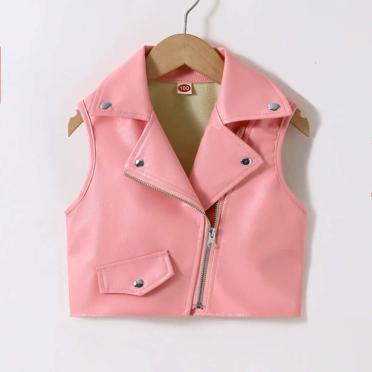Style girls' British-style European and American children's vest pu children's zipper rivet sleeveless leather jacket,For 2-6Y