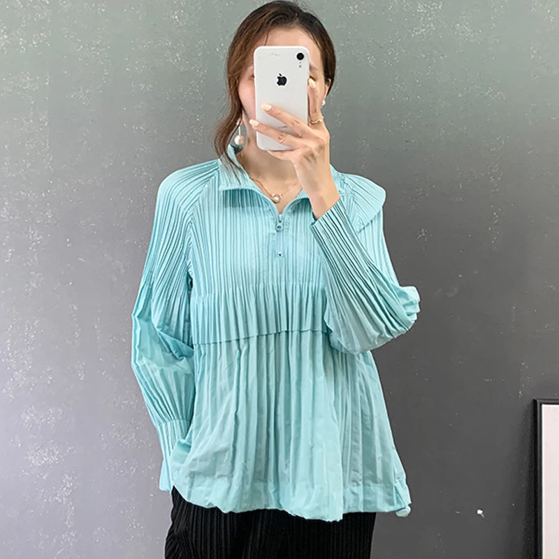 

Miyake pleated solid pullover 2022 spring new simple casual loose thin long-sleeved folda shirt for women