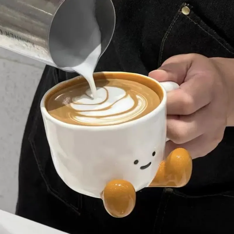 Apricot lamb 13cm coffee ceramic cup home desktop decoration cartoon smiling face coffee machine flower decoration holiday gift.