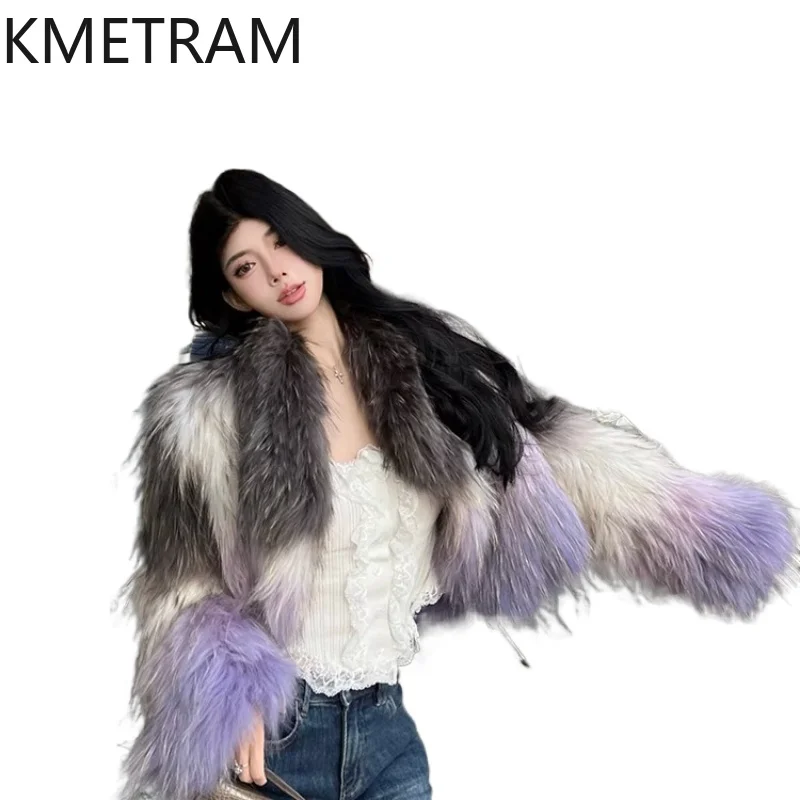 KMETRAM معاطف فرو الكلب الراكون الطبيعي 100% ملابس أنيقة متدرجة للنساء 2025 سترة شتوية قصيرة للنساء