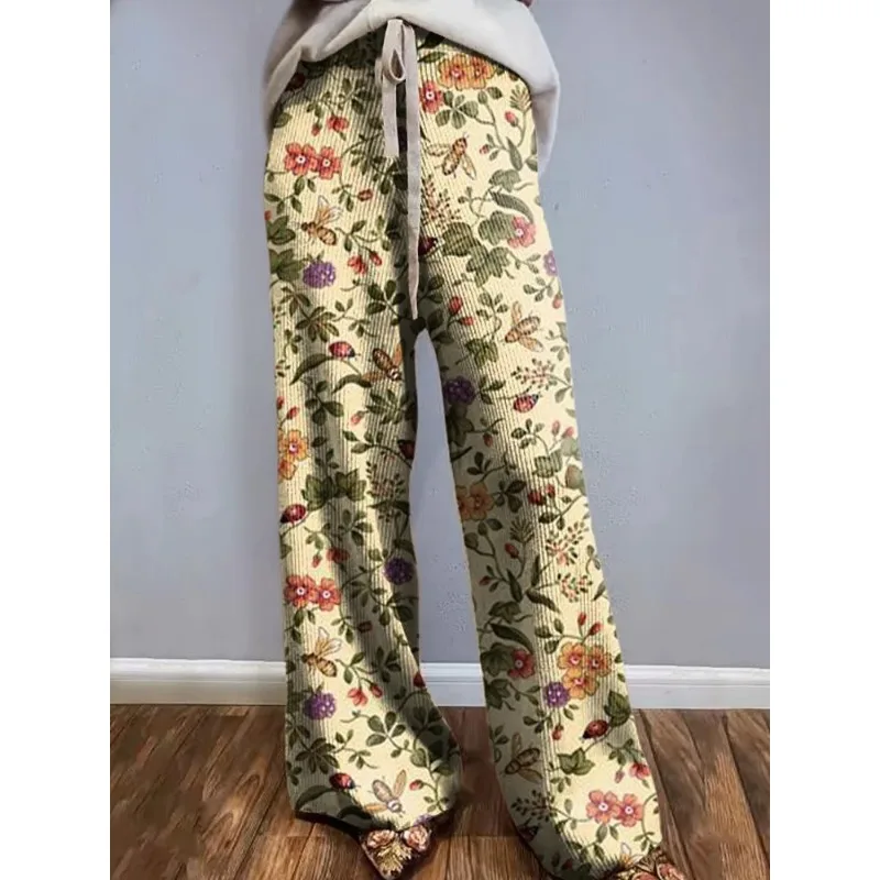 Estilo europeu romântico floral casual calças de perna larga calças esportivas femininas boho festa cordão calças soltas plus size