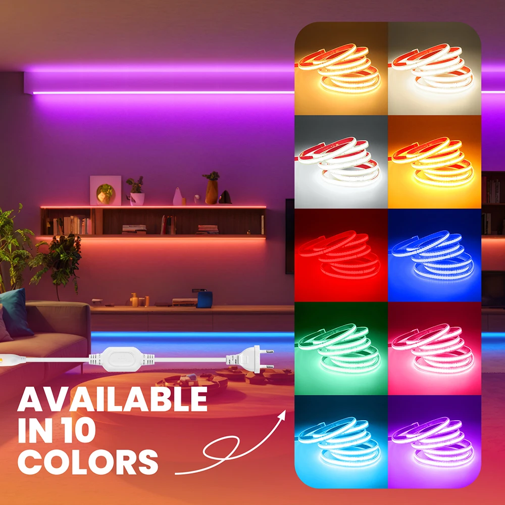 220V COB LED Strip Light Waterproof Bright 240LED/M Red White Yellow Pink Ice Blue Warm Flex Tape EU Plug for Kitchen Room Decor