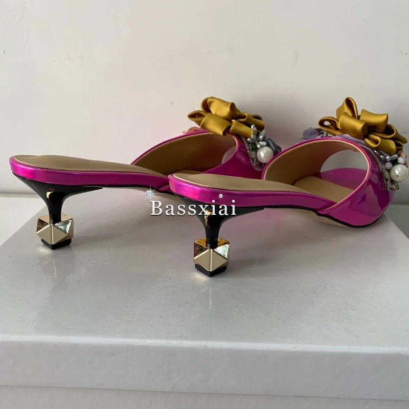 Crystal Decor Handmade Flower Sandals Women Unique Rivet Kitten Heel Patent Leather Slingbacks Summer Shoes view 6