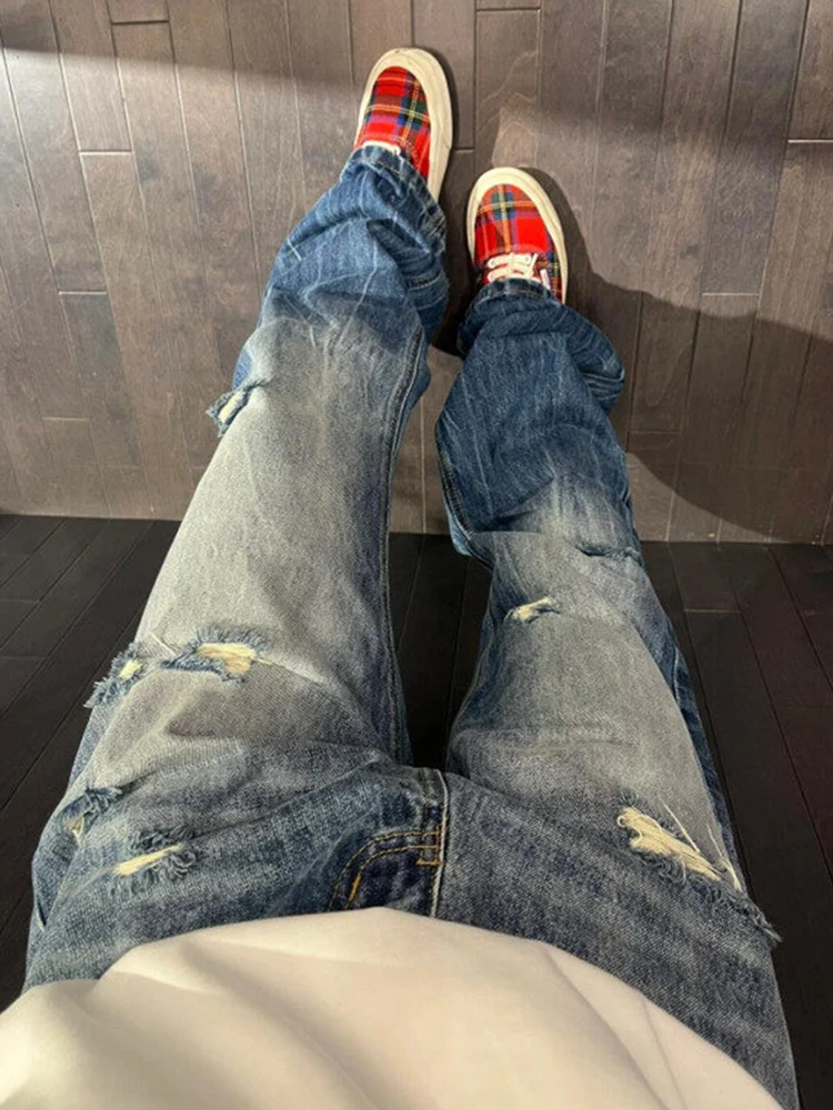 

Cleanfit Men's Loose Fit Slimming Washed Denim Jeans Lightning Pattern Bell Bottom Casual Straight Leg Jeans Youth Trend