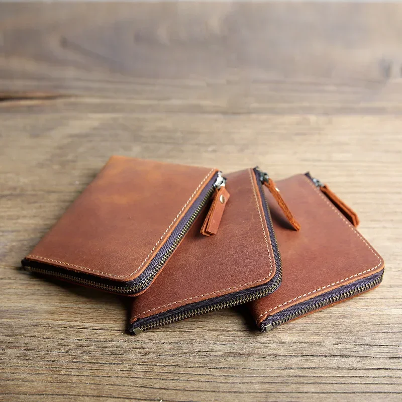 

Handmade Vintage Genuine Leather Short Men's Wallet Crazy Horse Leather Zipper Money Clip Layer Cowhide Ultra Thin Wallet