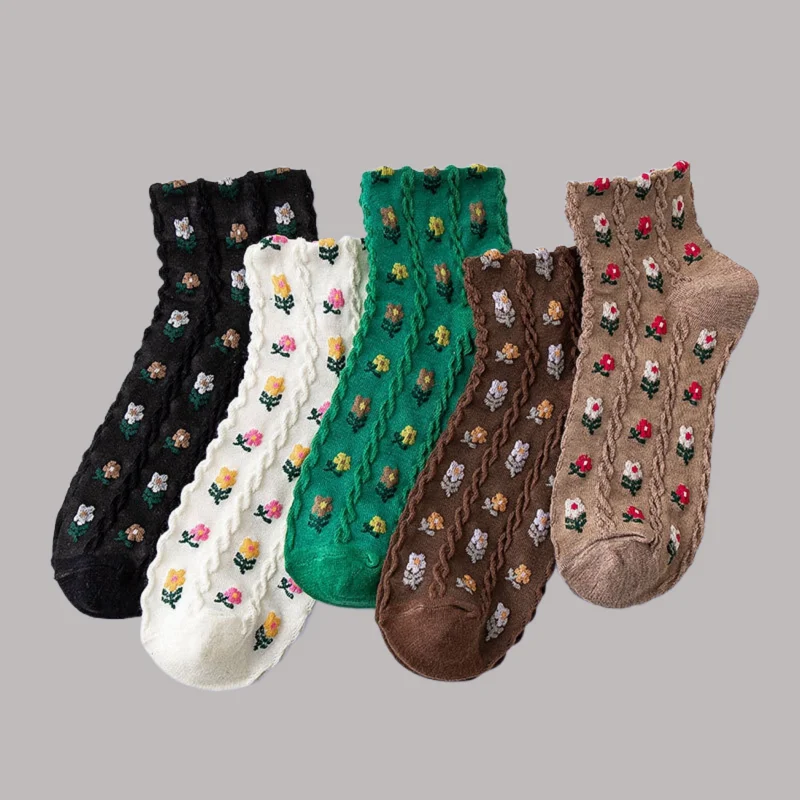 5/10 Pairs New College Style Short-tube Student Socks Spring And Summer Socks Sweet Little Floral Girls Cotton Socks