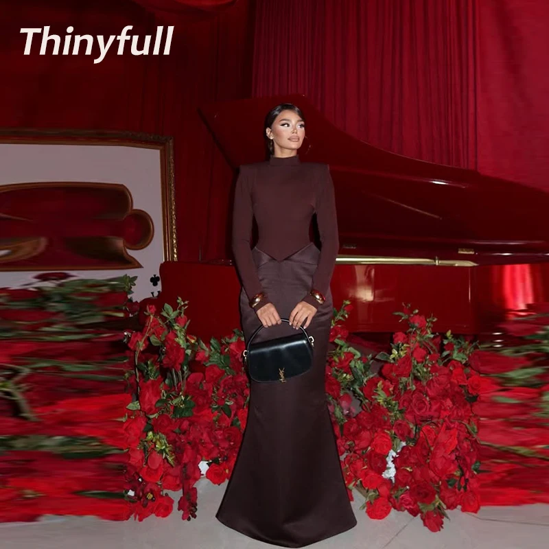 

Thinyfull Satin Mermaid Prom Dresses High Neck Full Sleeves Evening Dress Long Formal Occasion Gown Robe De Soirée Customized ﻿