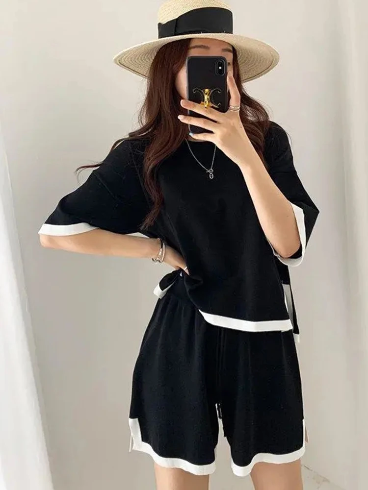 Korean Summer O-neck Short Sleeve+slit Shorts Hit Color Knitting Two Piece Set Women Fashion Thin Streetwear Clothes For Women