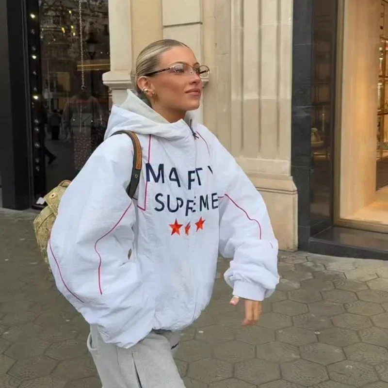 Women's Retro Y2k Hooded Cropped Windbreaker Jacket Letter Star Graphic Zip‑up Loose Colorblock Coat Street Casual Outerwear