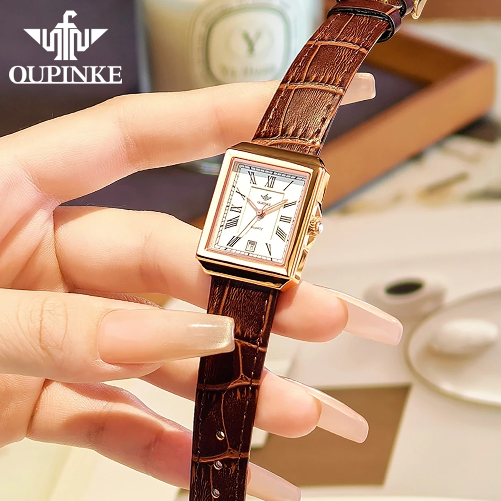 OUPINKE 3182 Women Fashion Swiss Quartz Movement 50M Deep Waterproof Date Watch For Women Classic Business Real Leather Strap