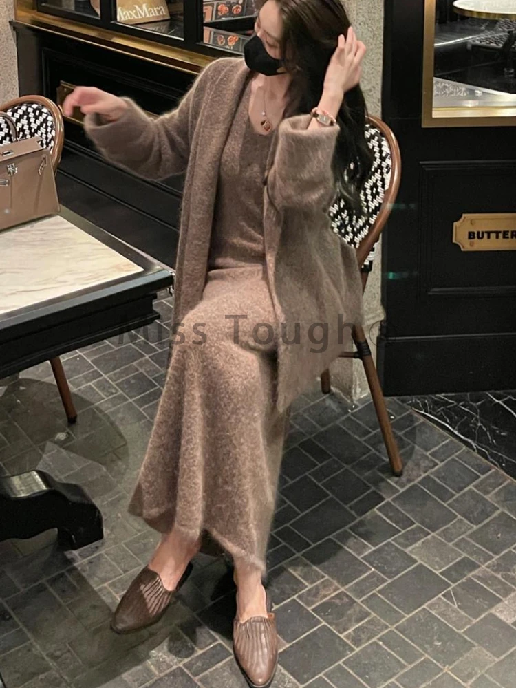 2023 Winter Maillard Fashion Knit Two Piece Set Women Solid Korean Style Vintage Midi Sweater Dress Suit Female French Chic Suit