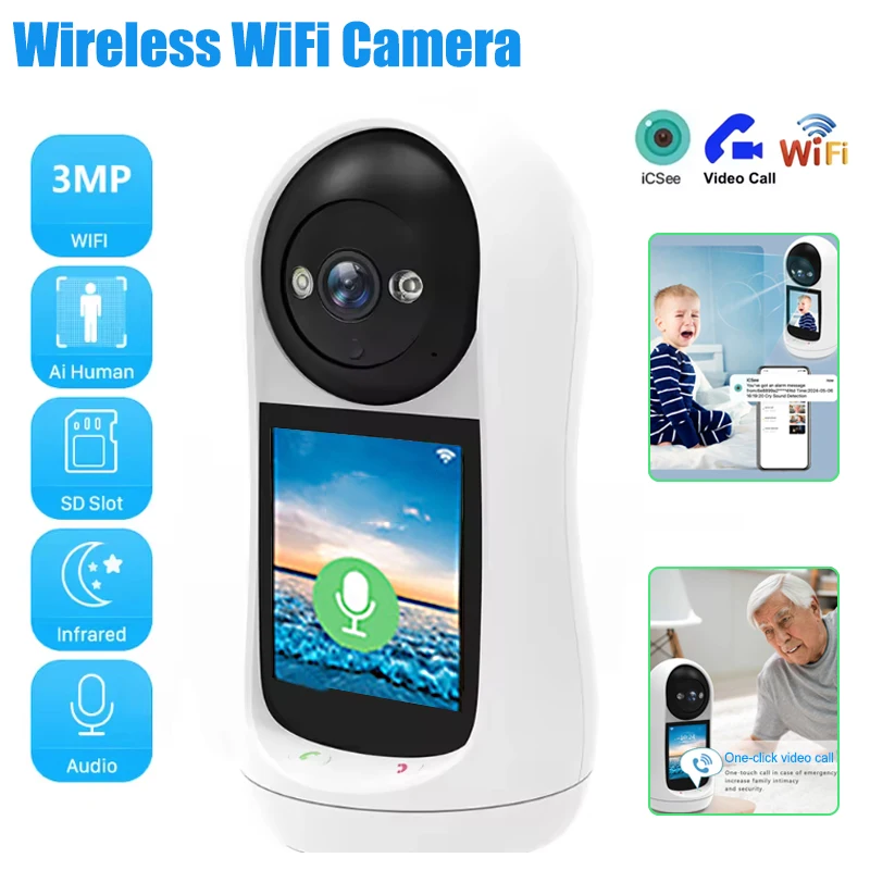 3MP Wifi Camera Video Call with 2.8 Inch IPS Screen Baby Cry Sound Detection Wireless Security IP Camera Baby Monitor iCSee