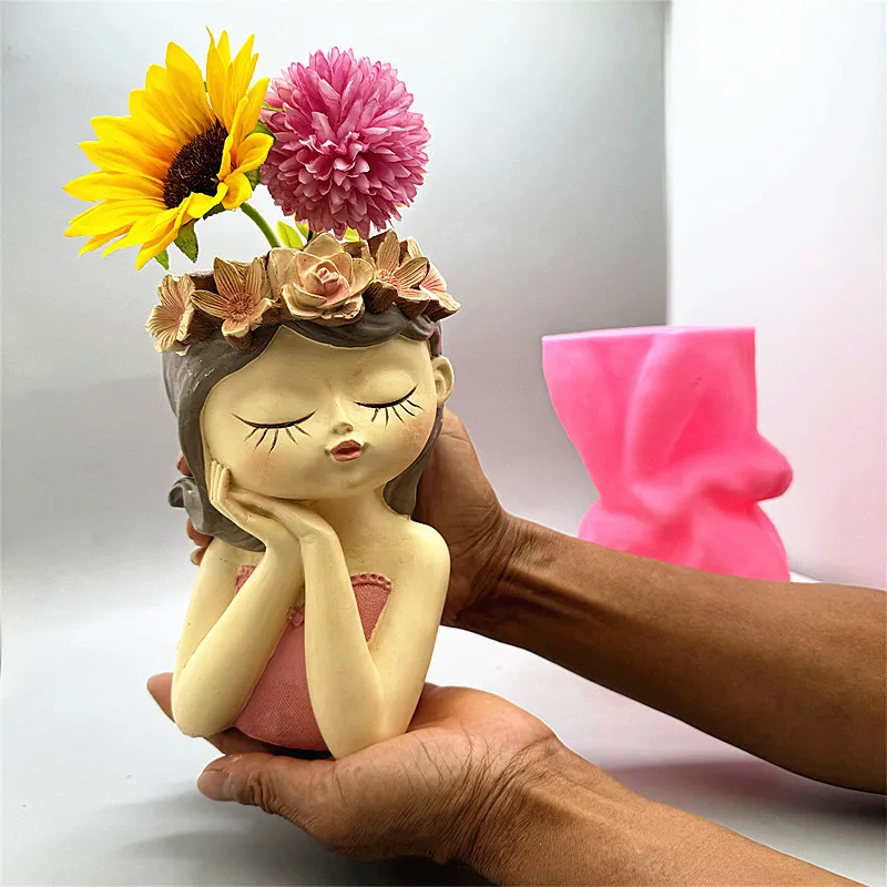 

DIY silicone mold 3D cute girl flower pot resin gypsum concrete crystal drip glue tool handmade crafts ornaments