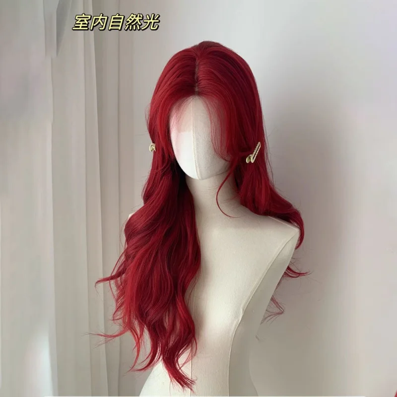 Red lace front wig women, full head cover, large wavy long hair, versatile for cosplay, with bangs
