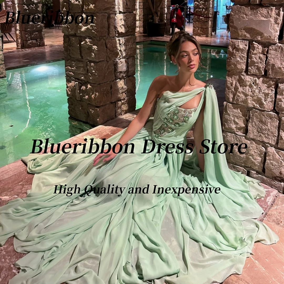 Blueribbon Keyhole één schouder galajurken op maat gemaakte kralen Robe Des Soiree lange ruches chiffon verjaardagsfeestje avondjurk