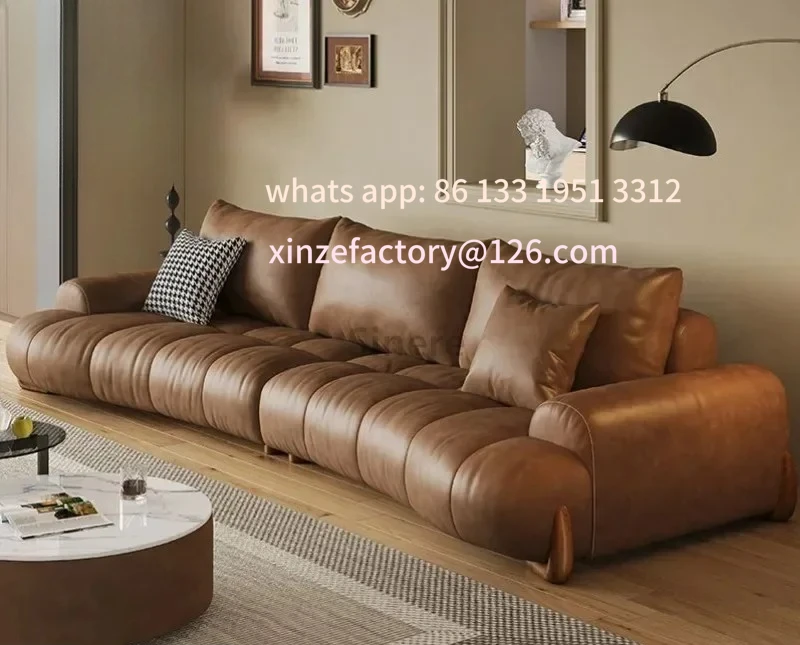 

Customizable Italian minimalist curved leather sofa retro style modern simple living room first layer cowhide straight row sofa