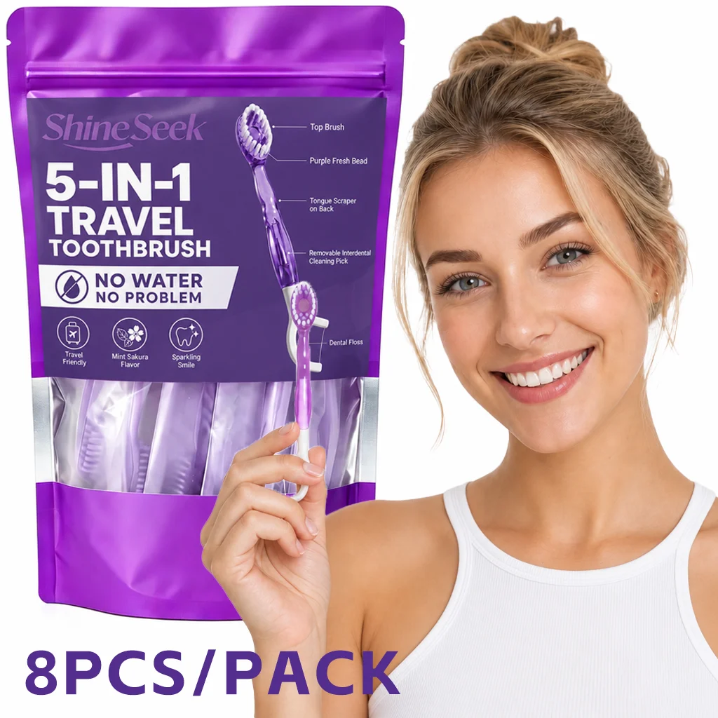 Newly Upgraded Purple 8-Piece Portable Set, 5-in-1 Multifunctional Toothbrush Care Set with Mint Cherry Blossom Flavor, Includes Purple Freshener Beads + Toothbrush + Dental Floss + Interdental Cleaning Stick + Tongue Scraper, Convenient and Soft, Soft-Bristle Design, Teeth and Gum Care |   Travel Essentials |   Individually Packaged |   Soft |   Sakura Mint Flavor |   Travel Toothbrushes Are the Best Choice for Smart Families!