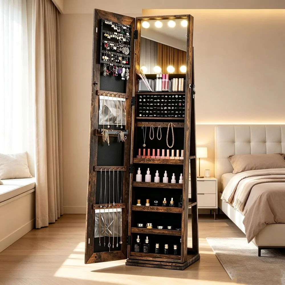 Swivel Floor Standing Jewelry Armoire with Full Length LED Mirror, Lockable Storage Cabinet