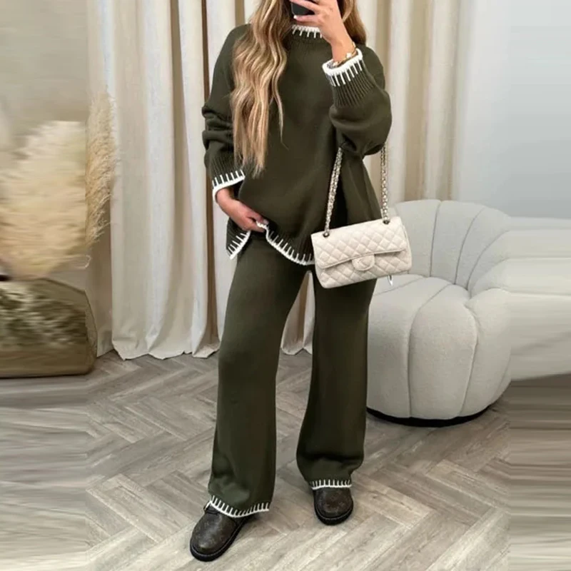 

Autumn and Winter Women's Knit Sweater Two-piece Fashion Color Contrast Sweater Wide-leg Pants Two-piece Set Commuter Lady Suit