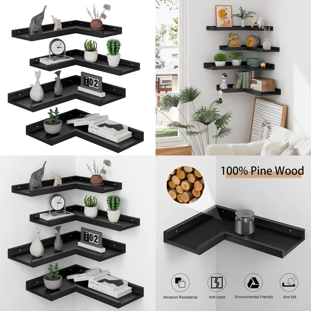 

L-образные 4-уровневые плавающие полки из соснового дерева с бортиком, идеально подходят для хранения в гостиной, спальне и ванной комнате