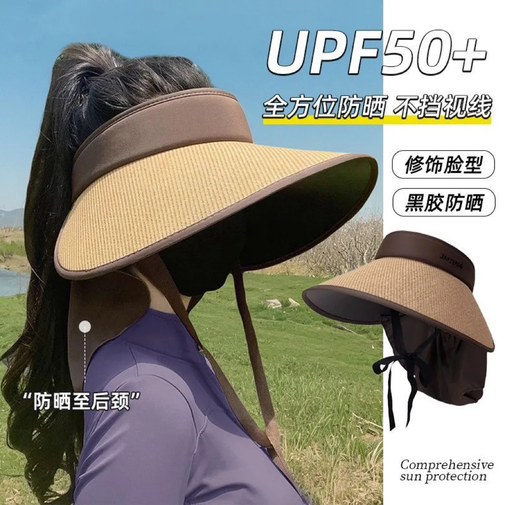 

Big Brim Sunscreen Hat Straw Woven Empty Top Sun Hat UV Protection Neck Protection Daily Set Foldable and Removable