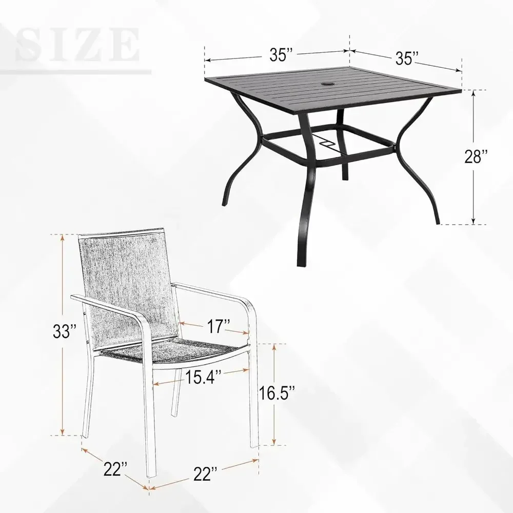 5-Piece Patio Dining Set with Square Table and 4 Stackable Sling Chairs for Outdoor Garden Deck