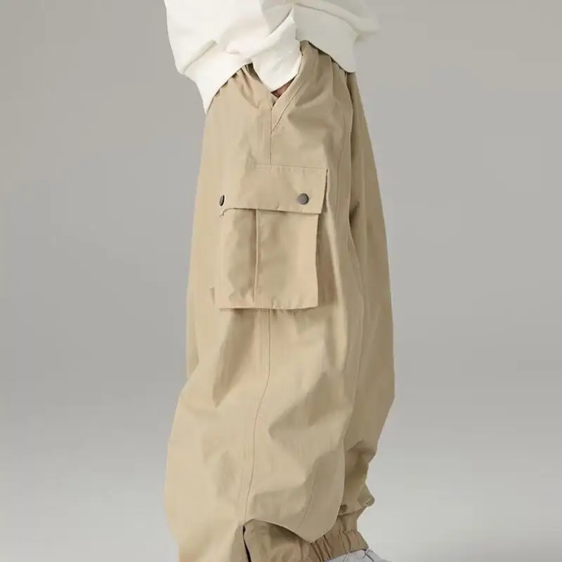 Spring New Cargo Pants Men Retro Multi-Pocket Trousers Elastic Waist Ankle-Banded Outdoor Britches Solid Color Plus Size 3Xl