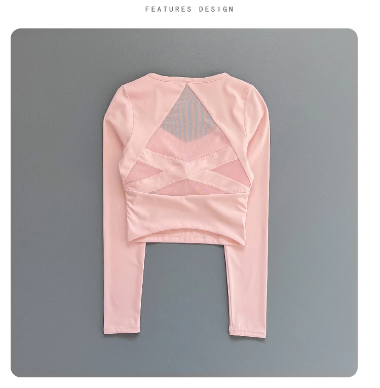 Women Deep V Mesh Back Cutout Crop Long Sleeve Yoga Top Slim Quick Dry Breathable Running Fitness Sports Tee