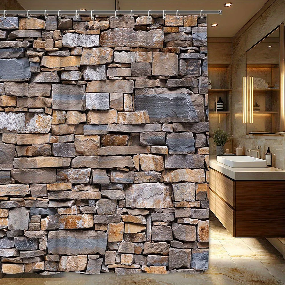 

Rustic Stone Wall Earth Tones Shower Curtain Polyester Machine Washable with 12 Hooks for Bathroom Decor