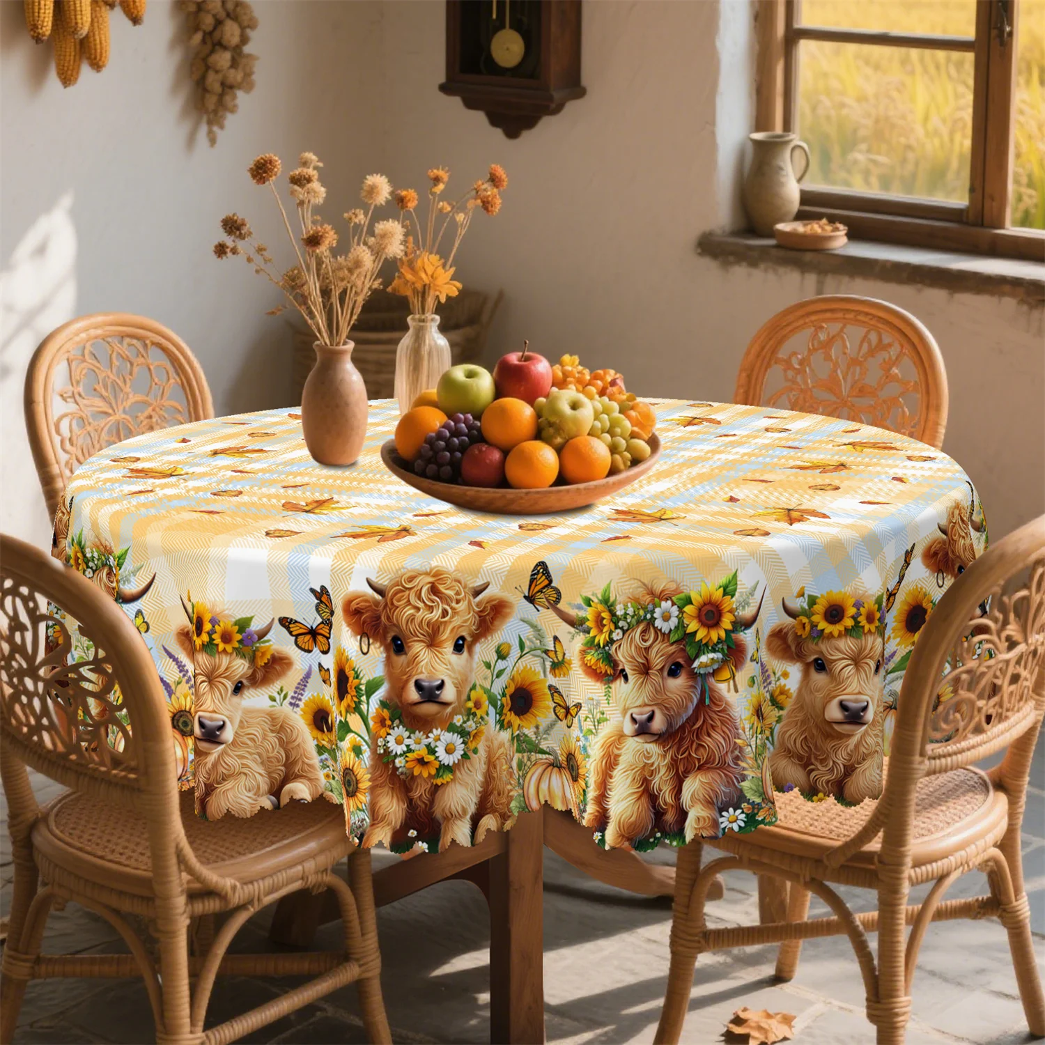Buffalo Gag Cartoon Cow Flowered Butterfly Pumpkin Fall Tablecloth 1 Pack Suitable for Thanksgiving Kitchenzyc