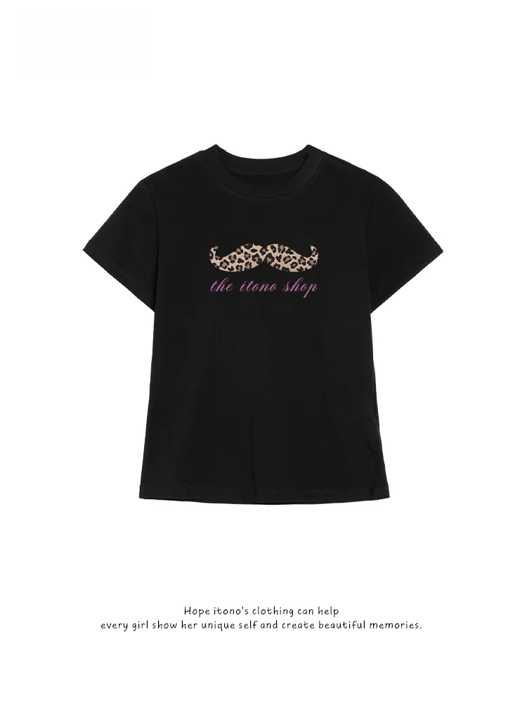 American Retro Design Leopard Print Short Sleeve Slim Fit T-Shirt Women Early Light Style Hot Girl Top Shoulder Width Regular
