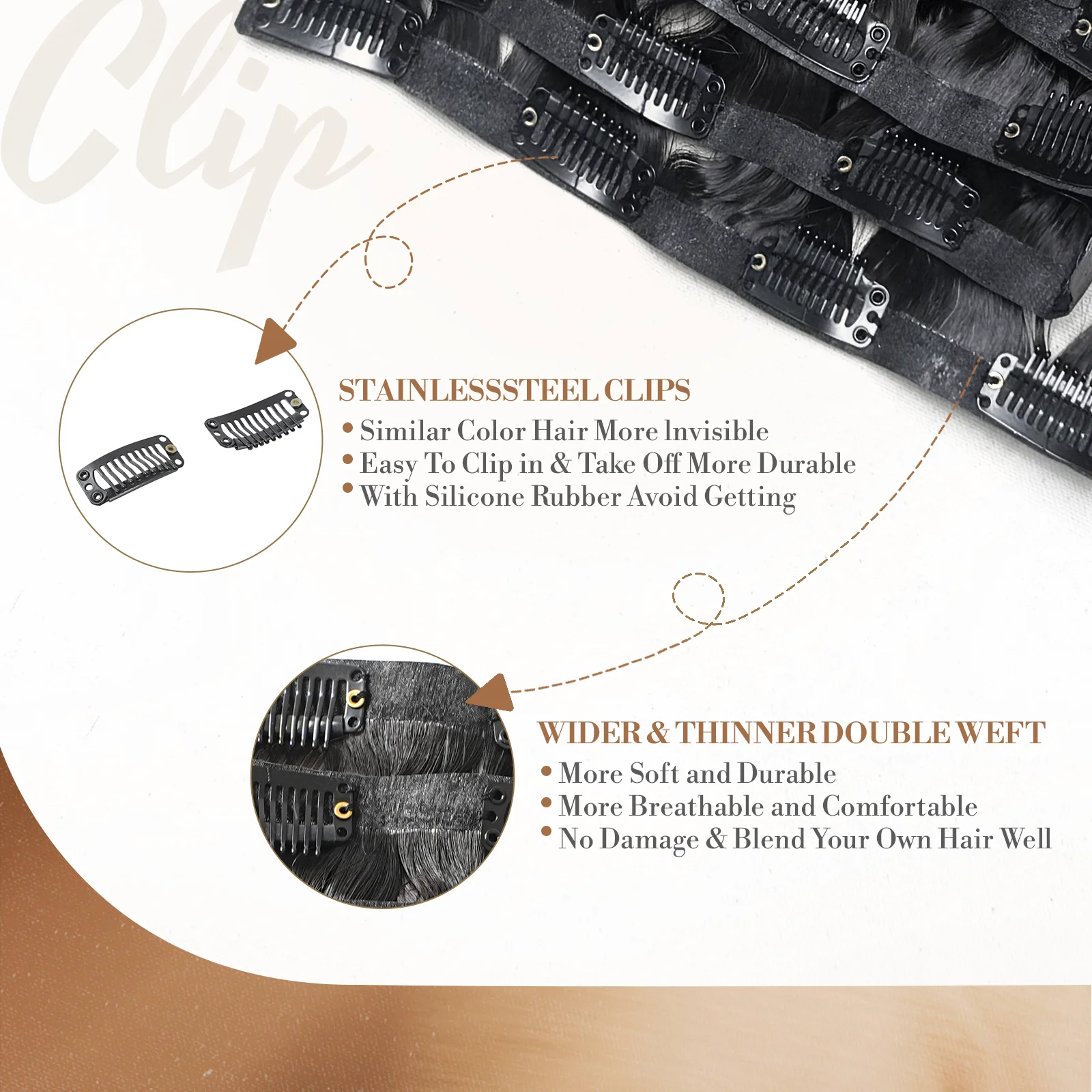 Raw Unprocessed 110g 6Pcs/Set Seamless PU Clips in #1B Natural Color Human Hair Extensions PU Weft Invisible Yaki Straight Hair