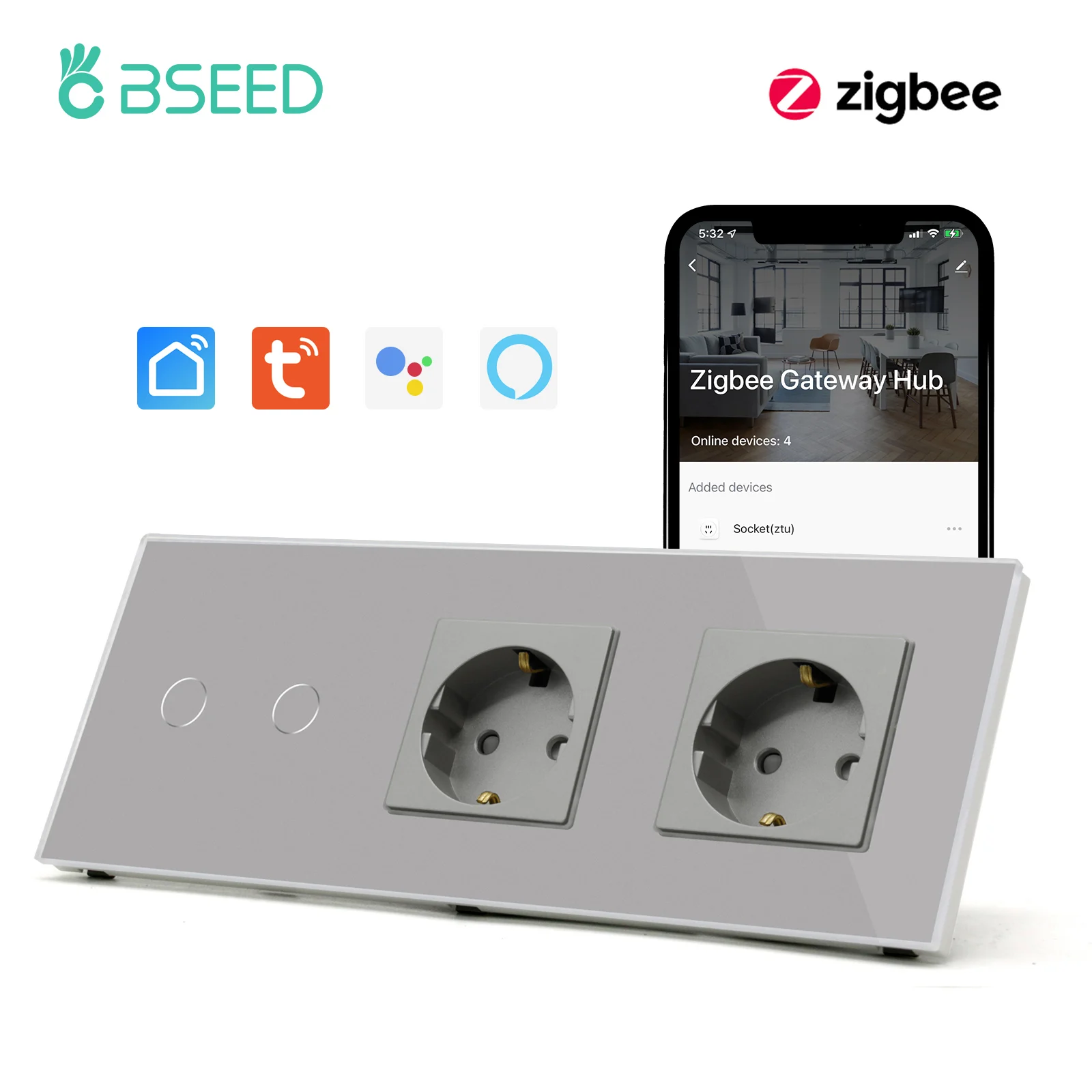 

Bseed Zigbee Smart Touch Switch 1/2/3Gang Smart Wall Switch Alexa Tuya Smart Life Control With Double EU Standard Normal Socket