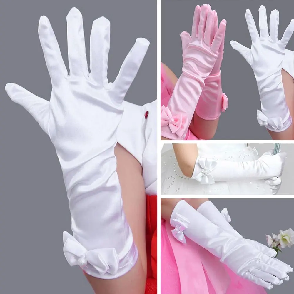 Children Long Gloves Princess Dance Performance Stage Gloves Satin Sequins Bow Glove Solid Full Finger Mittens Birthday Gifts