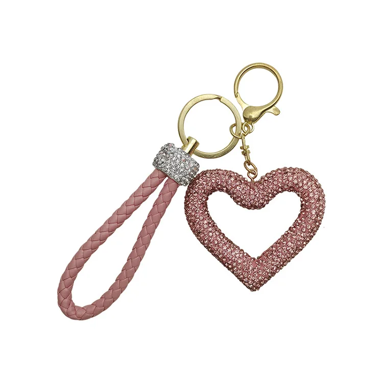 Creative Hollow out Ceramic Clay Full Diamond Love Key Chain Leather Rope Sticking Water Diamond Car Key Pendant Simple