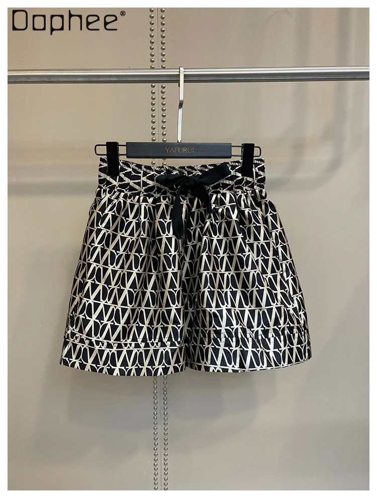 Retro Jacquard Shorts Women Clothing Summer Fashion Versatile Elastic Waist Casual Loose Wide-leg Pants Versatile Trendy Shorts