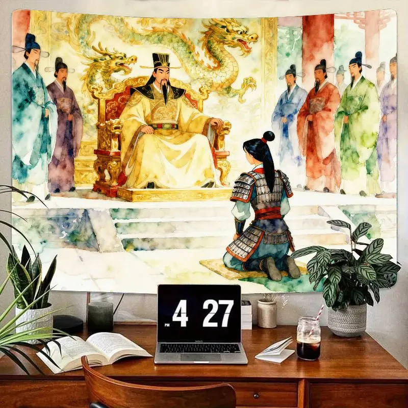 

1 шт., гобелен Мулан-воин на коленях перед императором, древний китайский императорский дракон, акварельный настенный рисунок для гостиной Be
