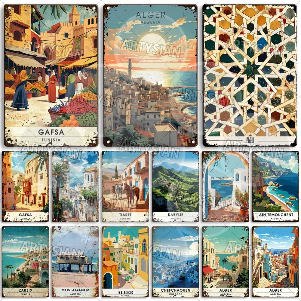 Maghreb Viajes Paisaje urbano Letrero de metal Alger Argelia Djerba Túnez Chefchaouen Marruecos Marrakesh Zarzis Oran Tiaret Kabylie