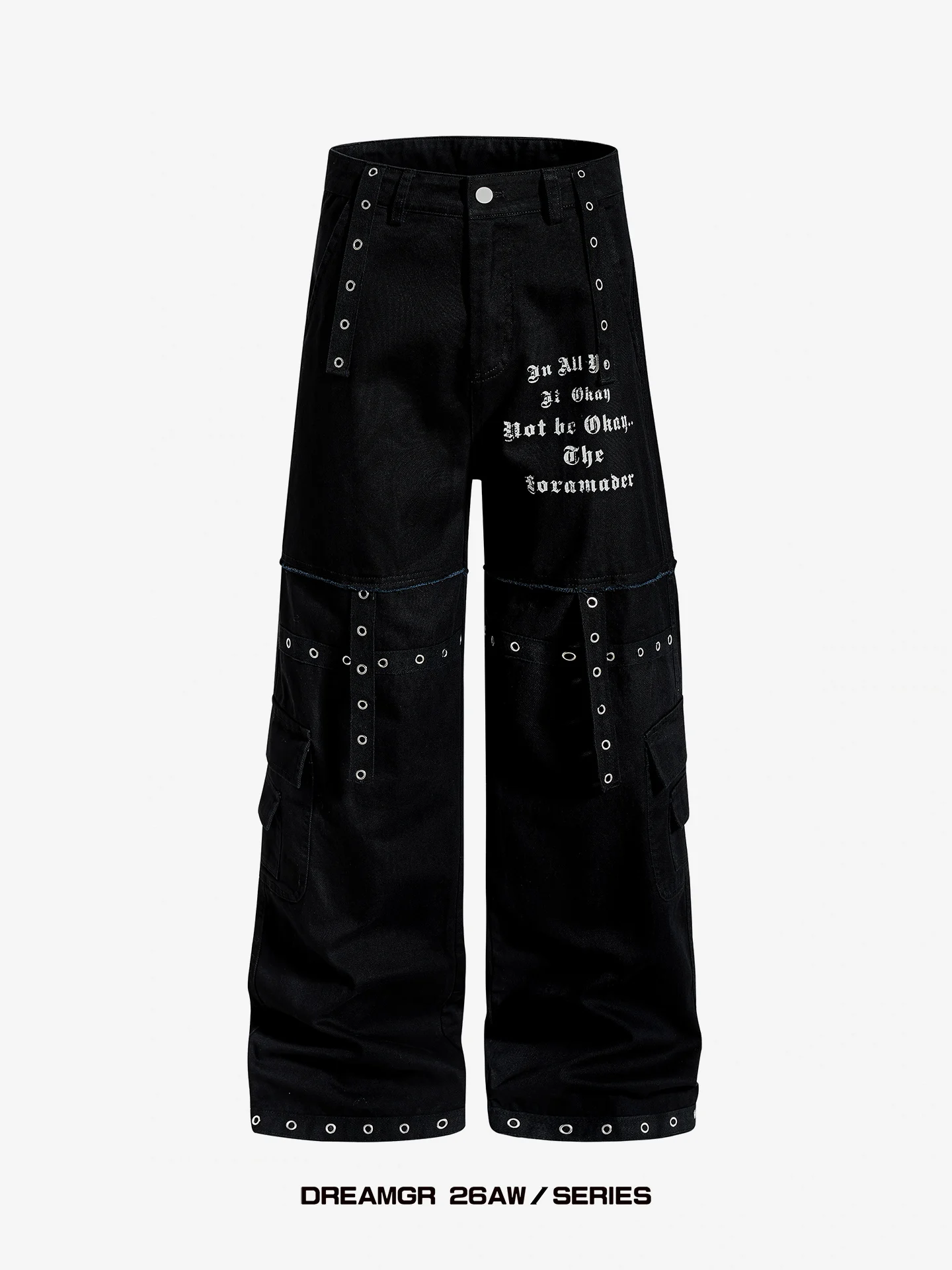 

American Sle Punk Metal Rivet Printed Multi-ket Work Pants Loose Fit Straight Leg Jeans for Men Faionable Slimming Tro...