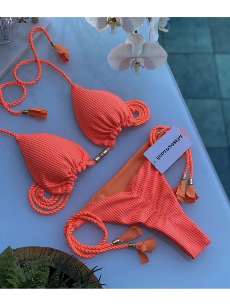 Bikini de tela especial para mujer, traje de baño de cuerda de Color sólido, Multicolor, nuevo