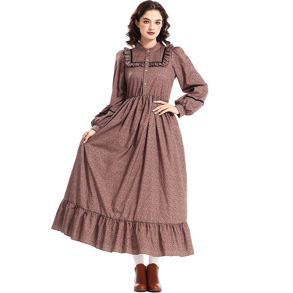 فستان هالوين بنمط الزهور البني، زي فيكتوري استعماري على طراز البراري، زي نسائي عرقي للمسرح، موضة ربيع 2024 #2