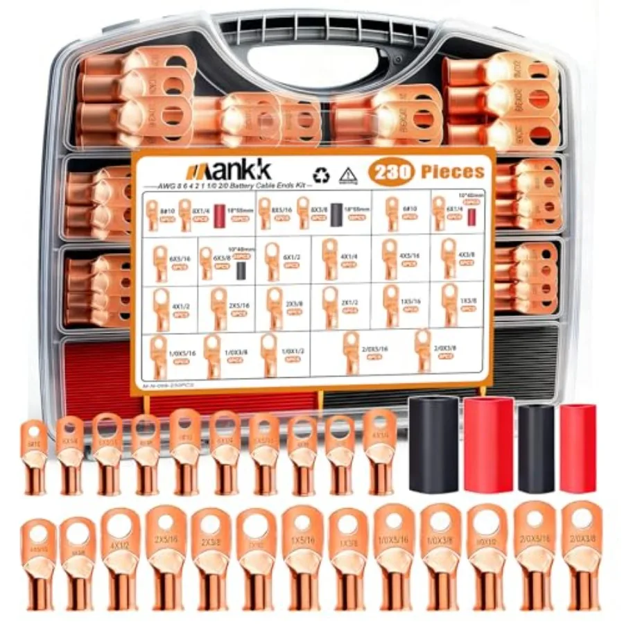 230PCS Copper Wire Lugs AWG 1 2 4 6 8 1/0 2/0 Gauge Battery Terminal Connectors Battery Cable Ends Connectors Copper Ring Termi