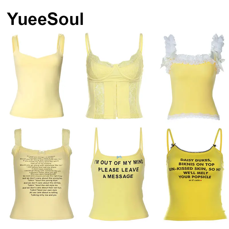 Yellow Crop Tops 2025 New Printed Sleeveless Slim Tank Top 2000s Y2K Aesthetic Sweet Cute Sexy Basics Camis Cheap Women Top