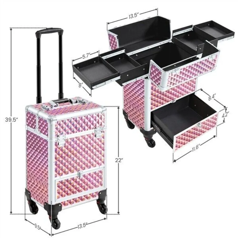 Rolling Makeup Case Large Professional Aluminum Cosmetic with Drawer&Wheels