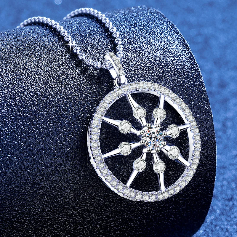 LioraGem Personalized Compass Moissanite Necklace Women, Diamond-Studded Vintage Ship Wheel Pendant Bead Chain Platinum PT950
